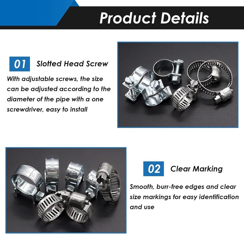 Eoppen 52Pcs Fuel Line Clamp Assortment Kit, 8-18mm Fuel Injection Gas Line Hose Clamps & Adjustable 1/4Inch - 1-1/8Inch(6-29mm) 304 Stainless Steel Hose Clamp for Automotive, Fuel Line(10 Sizes) - Image 3